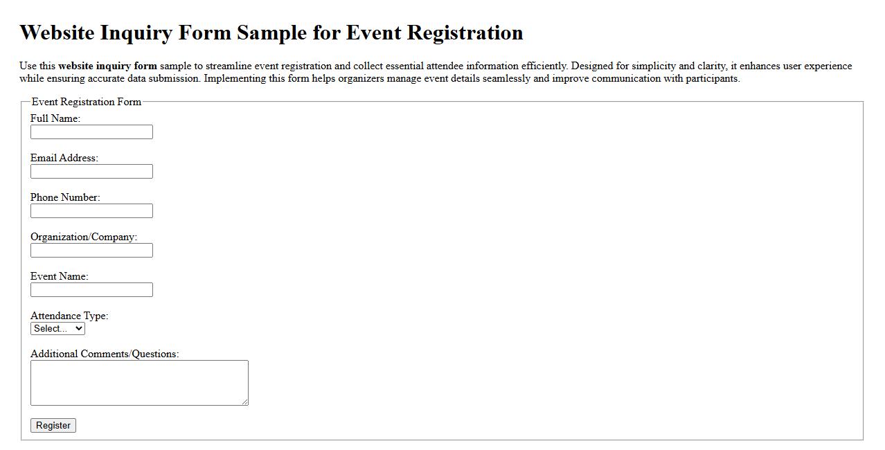 Website inquiry form sample for event registration image preview