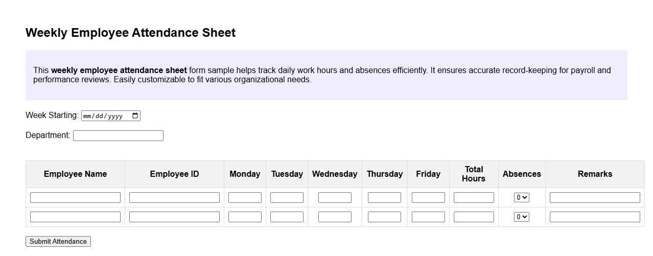 Weekly employee attendance sheet form sample image preview