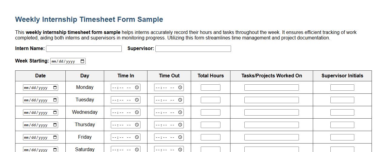 weekly internship timesheet form sample image preview