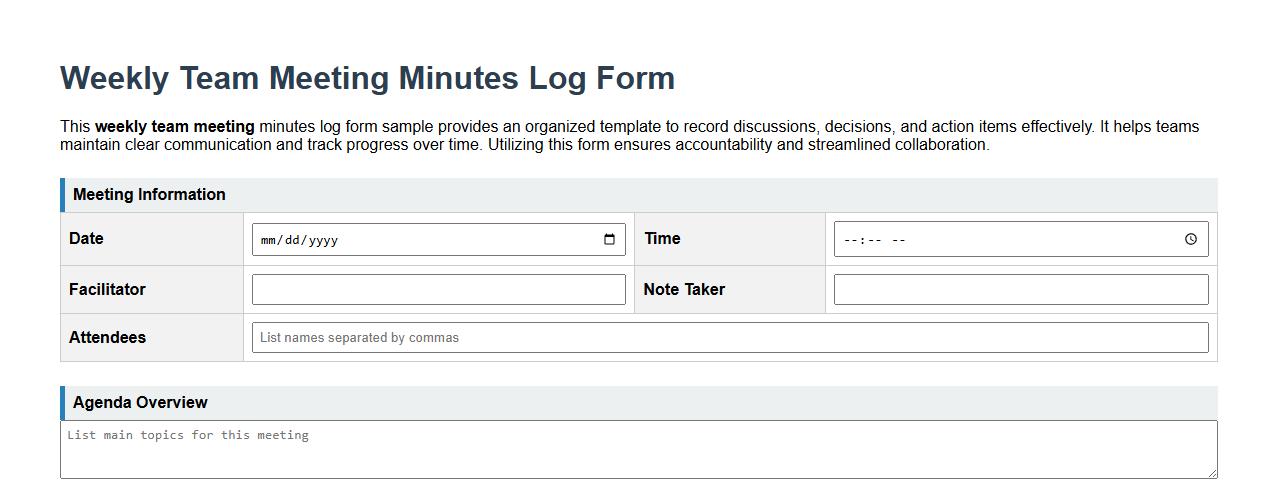 Weekly team meeting minutes log form sample image preview