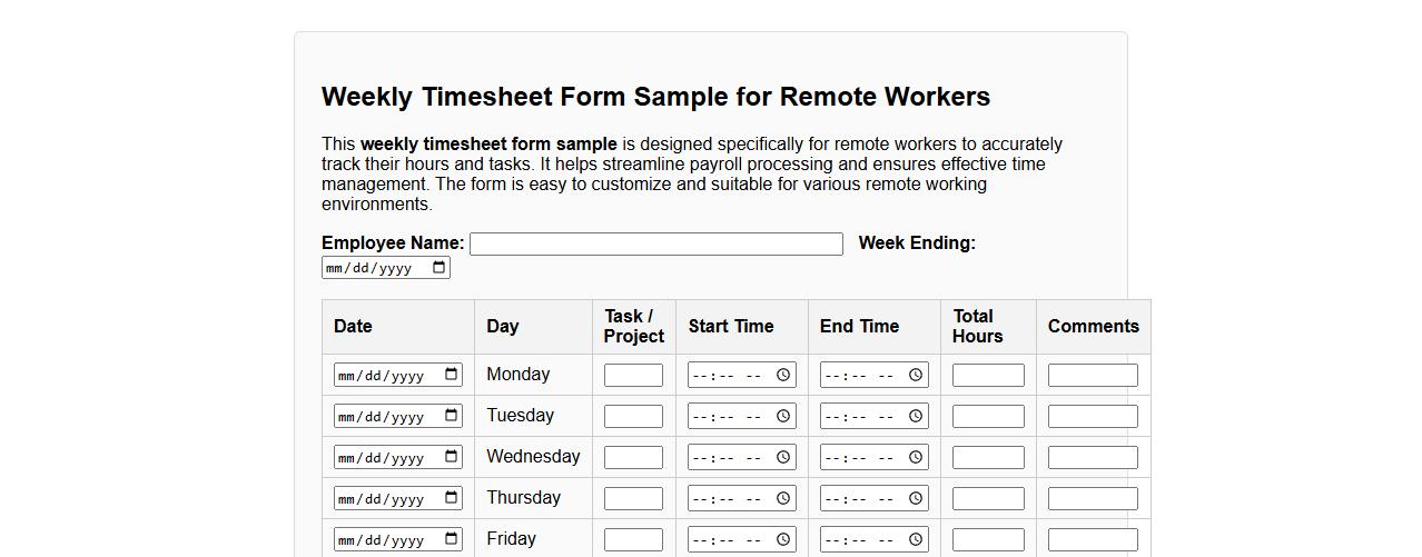 weekly timesheet form sample for remote workers image preview