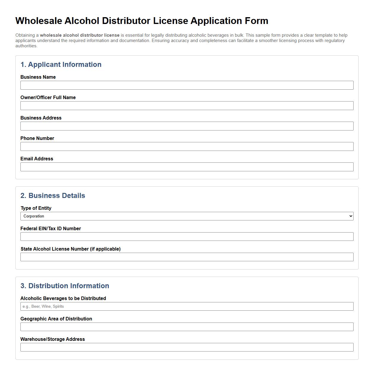 wholesale alcohol distributor license form sample image preview