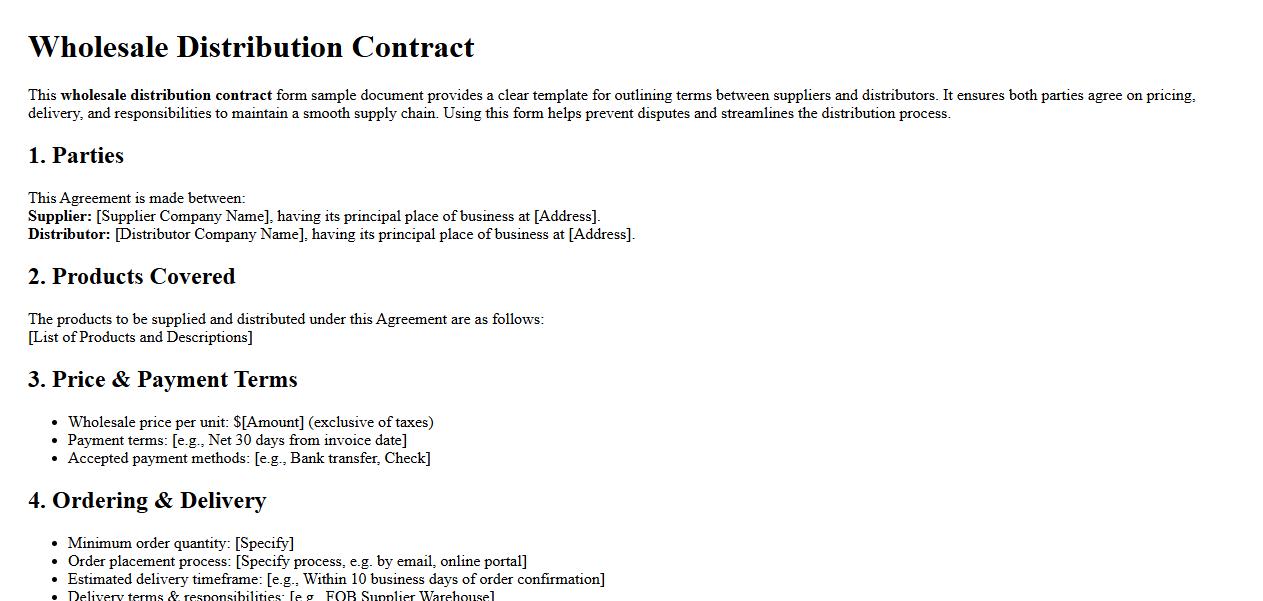 Wholesale distribution contract form sample doc image preview