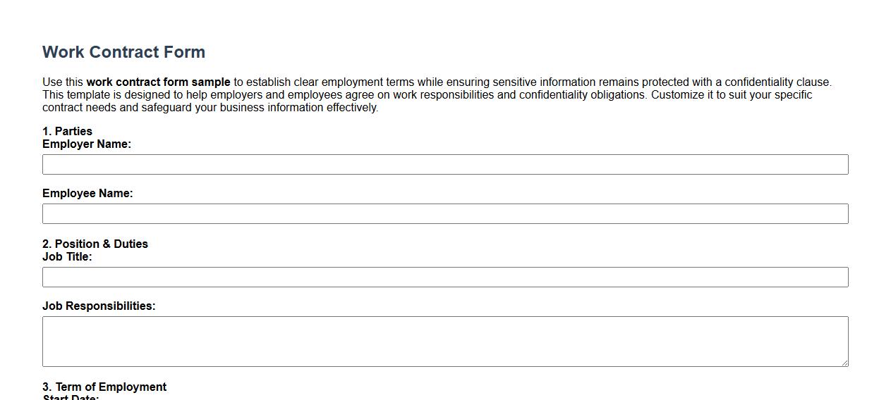 work contract form sample with confidentiality clause image preview