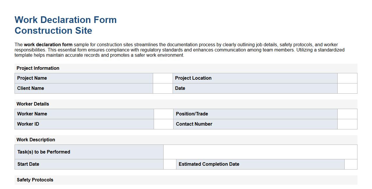 Work declaration form sample for construction site image preview