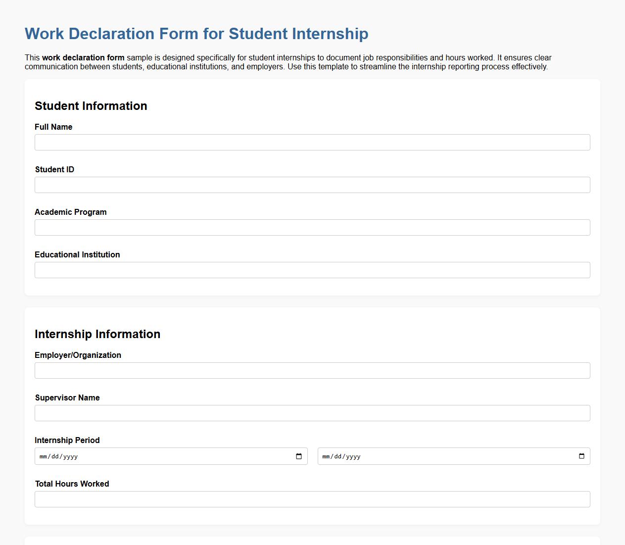 Work declaration form sample for student internship image preview