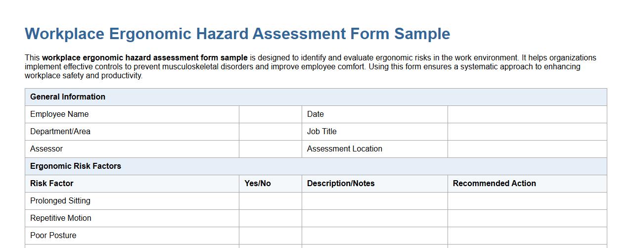 workplace ergonomic hazard assessment form sample image preview