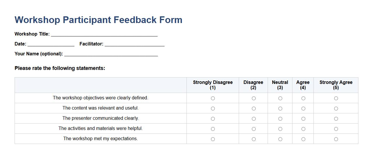 workshop participant feedback form sample PDF image preview