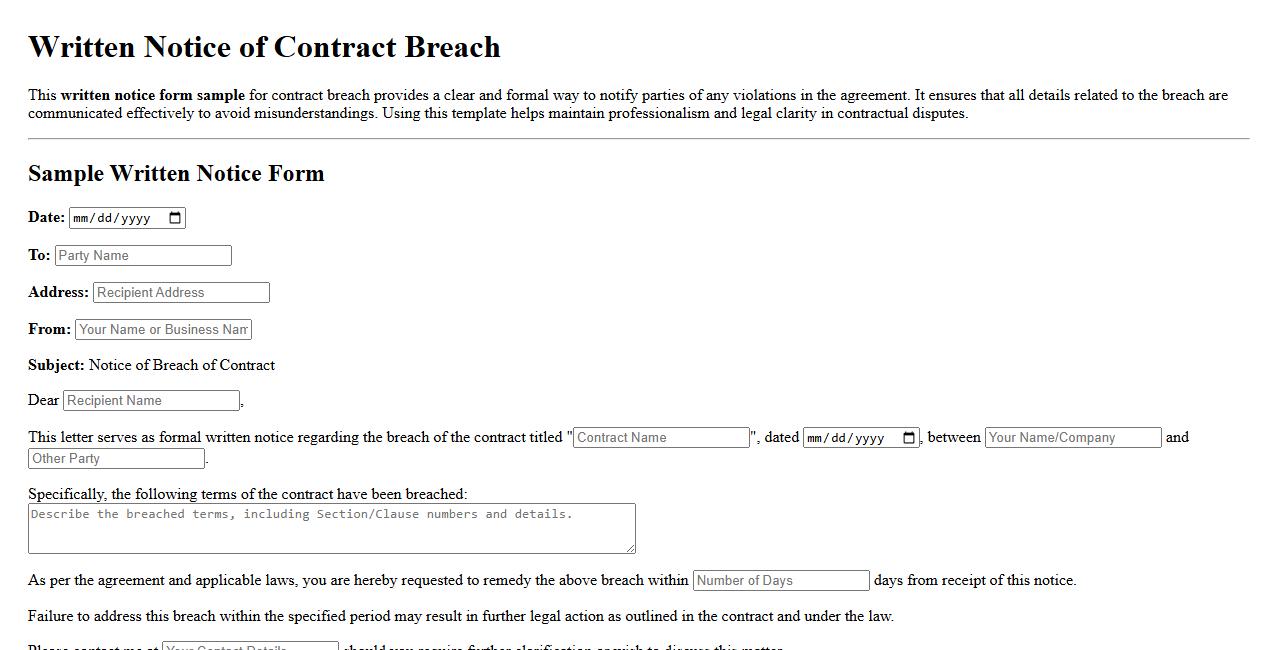 written notice form sample for contract breach image preview