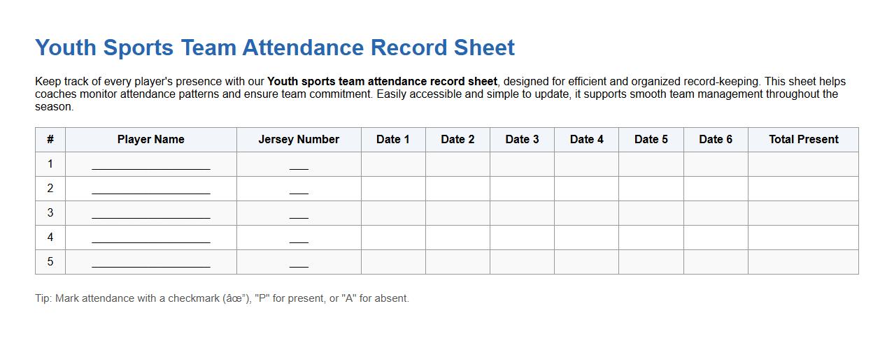 Youth sports team attendance record sheet image preview