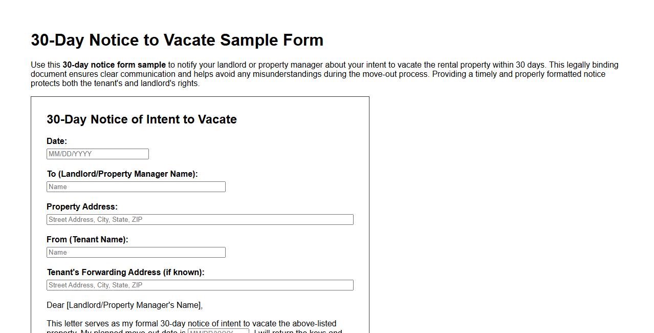 30-day notice form sample for tenant to vacate image preview