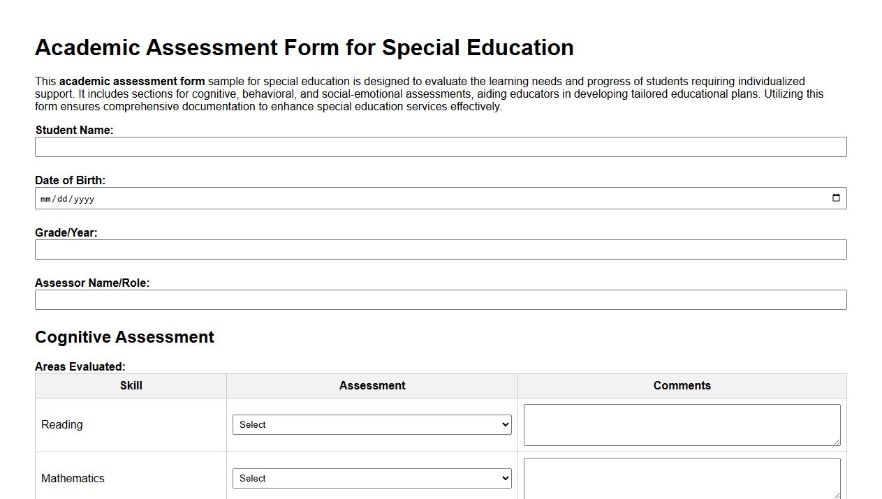 Academic assessment form sample for special education image preview