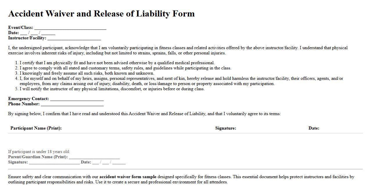 accident waiver form sample for fitness classes image preview