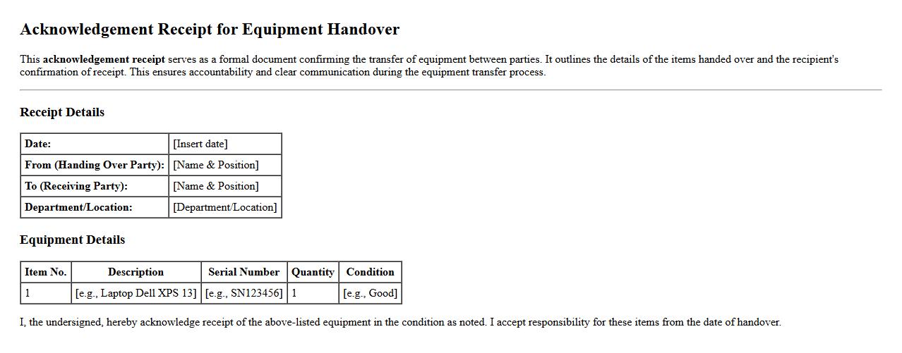 Acknowledgement receipt sample for equipment handover image preview