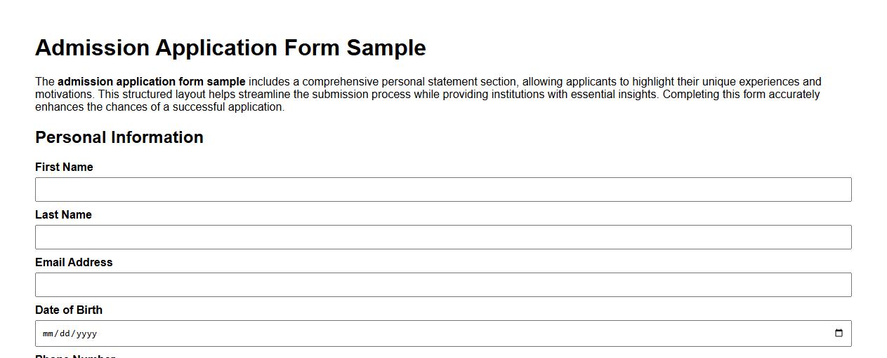 Admission application form sample with personal statement section image preview
