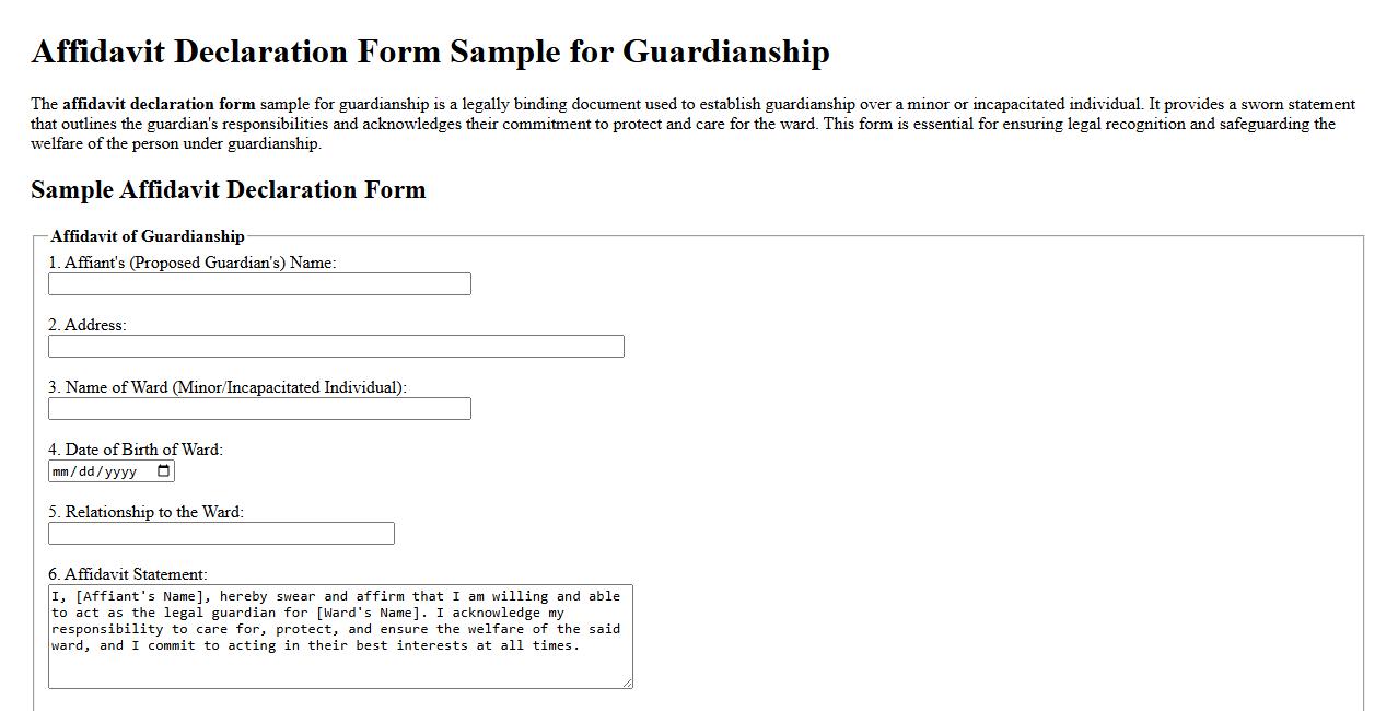 Affidavit declaration form sample for guardianship image preview
