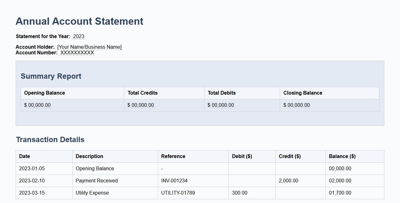Annual account statement template with summary report image preview