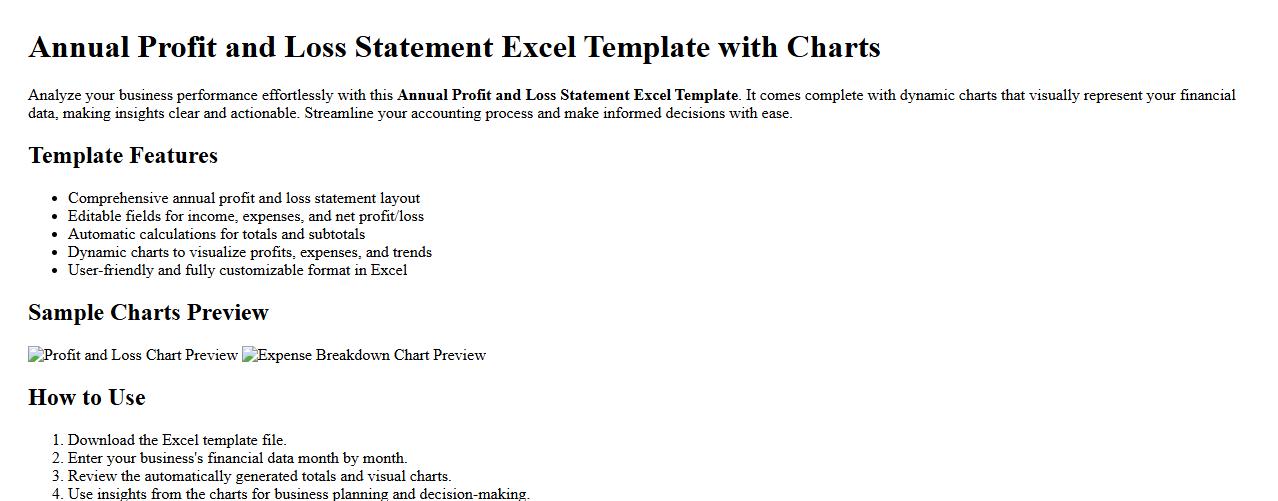Annual profit and loss statement Excel template with charts image preview