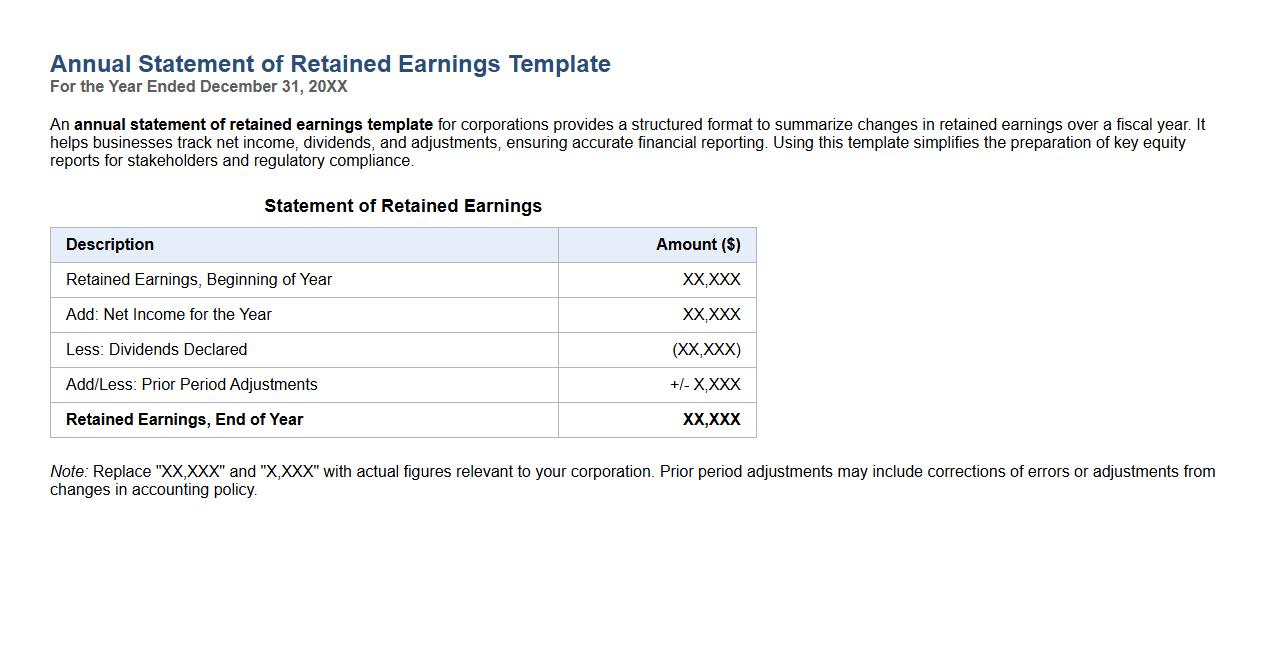 annual statement of retained earnings template for corporations image preview