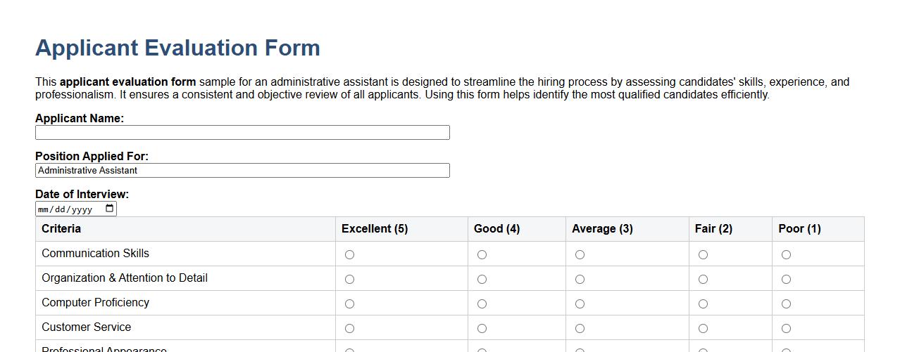 applicant evaluation form sample for administrative assistant image preview