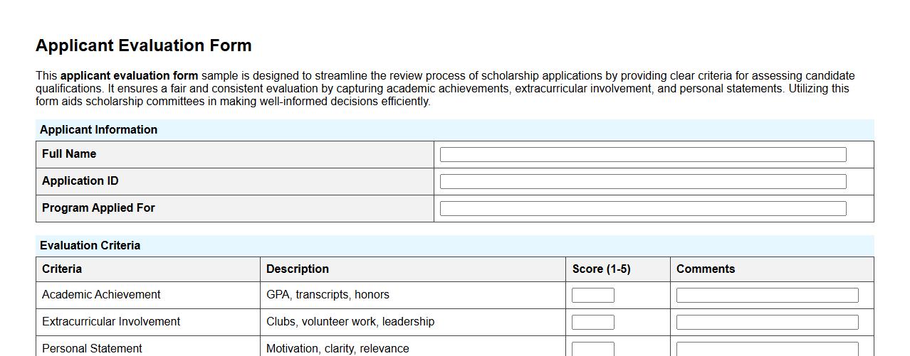 applicant evaluation form sample for scholarship application image preview