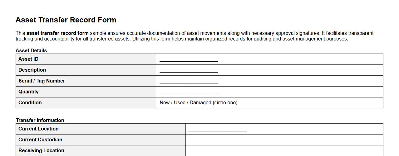 Asset transfer record form sample including approval signatures image preview