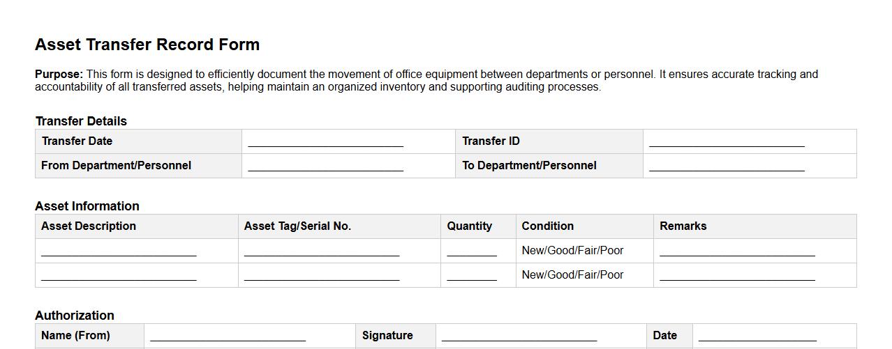 Asset Transfer Record Form sample for office equipment image preview