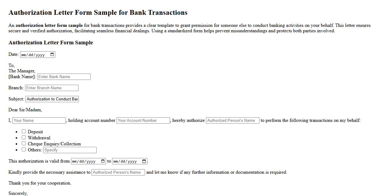 Authorization letter form sample for bank transactions image preview