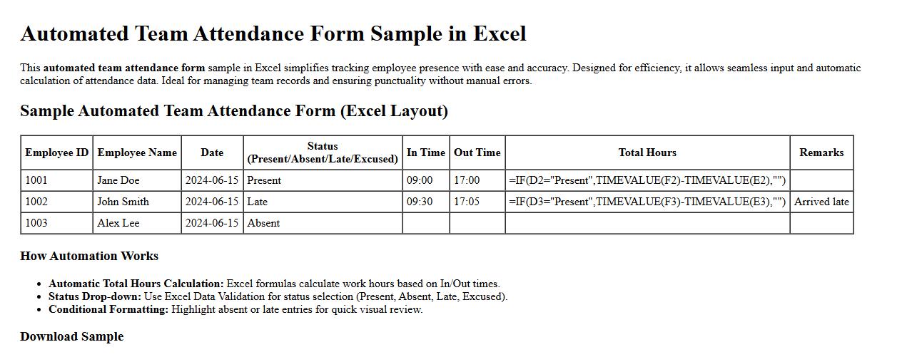 automated team attendance form sample in excel image preview