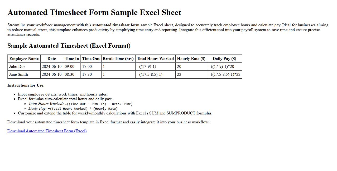 automated timesheet form sample excel sheet image preview