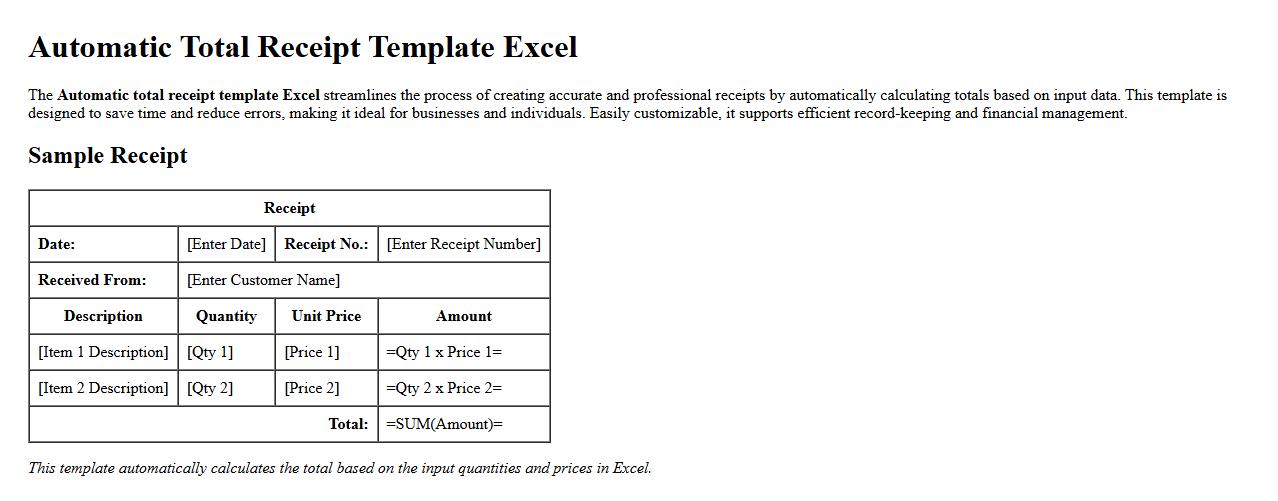Automatic total receipt template Excel image preview