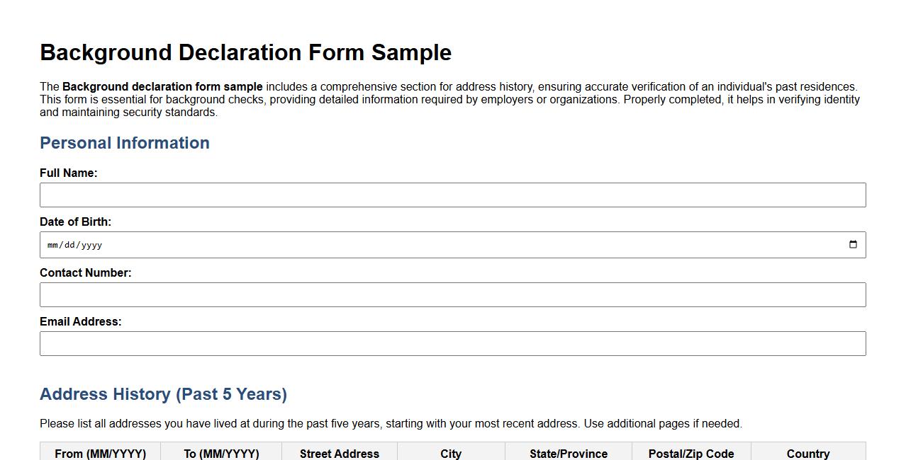 Background declaration form sample with address history image preview