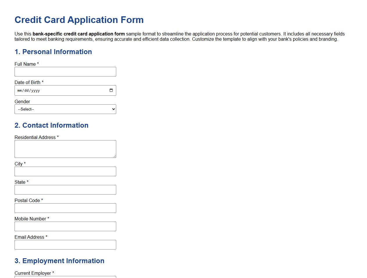 bank-specific credit card application form sample format image preview