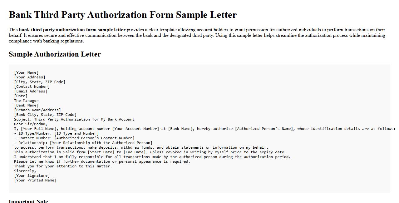 bank third party authorization form sample letter image preview