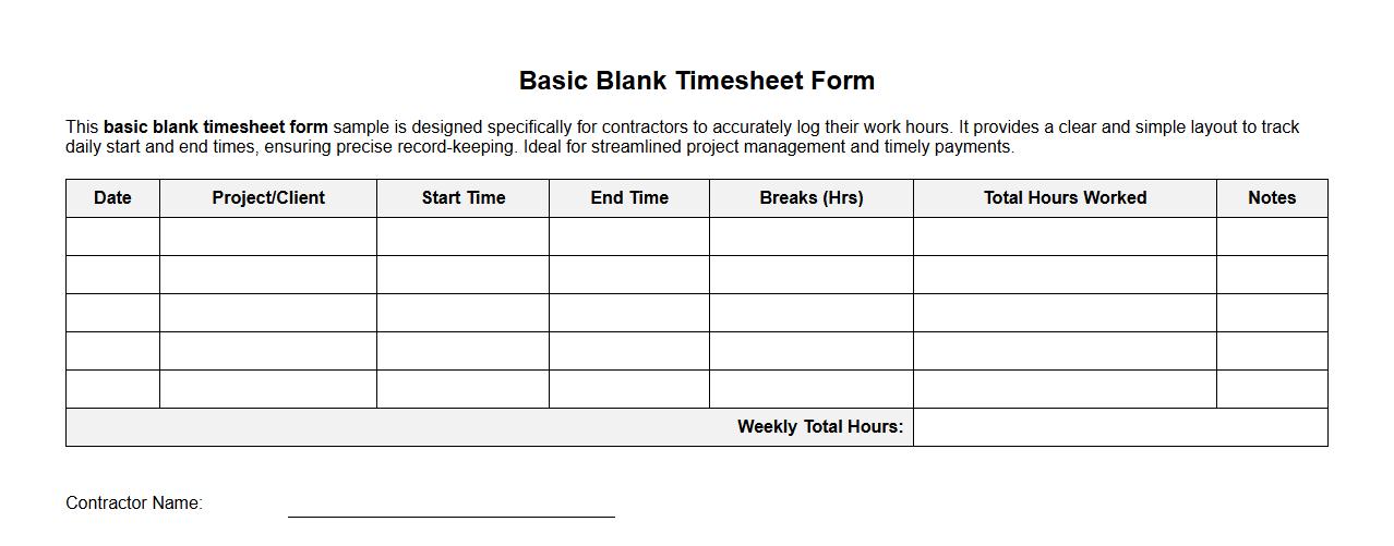 basic blank timesheet form sample for contractors image preview