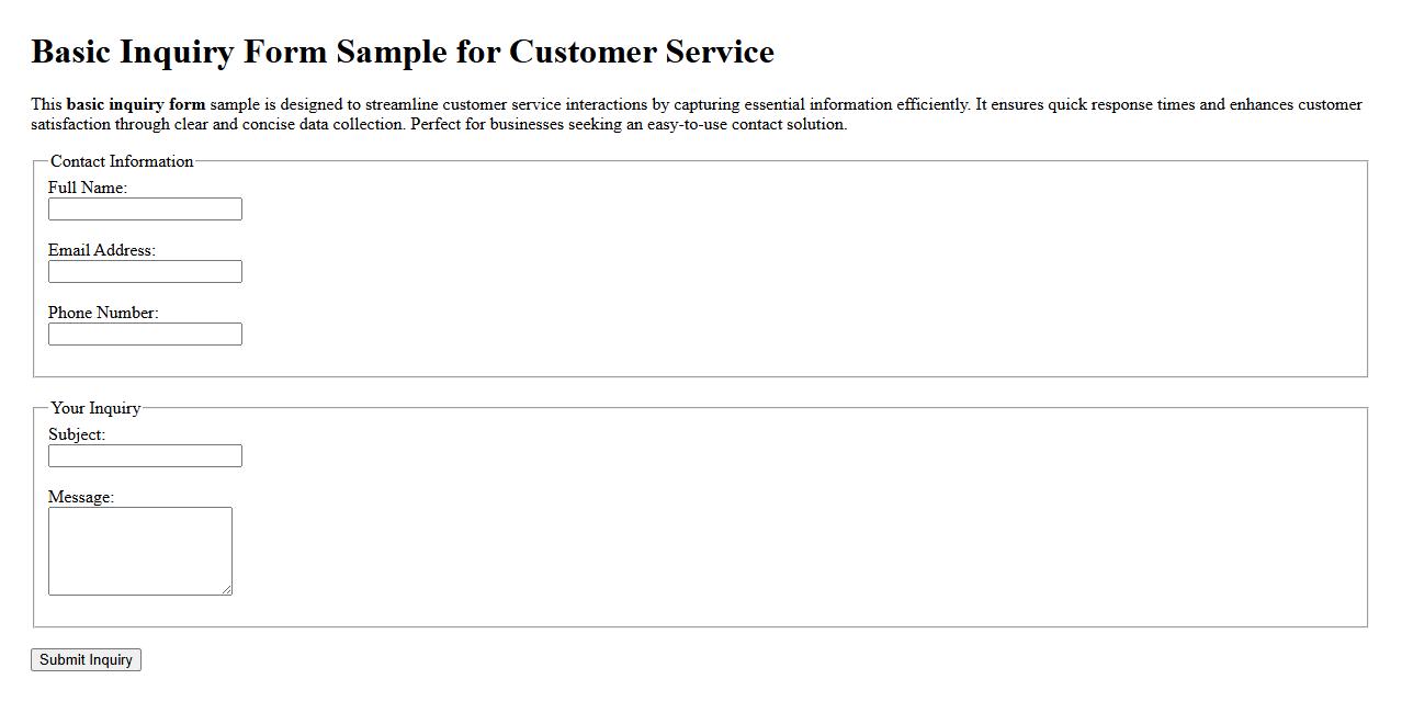 Basic inquiry form sample for customer service image preview