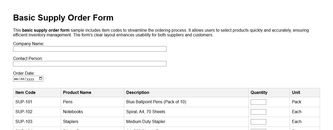 Basic supply order form sample with item codes image preview