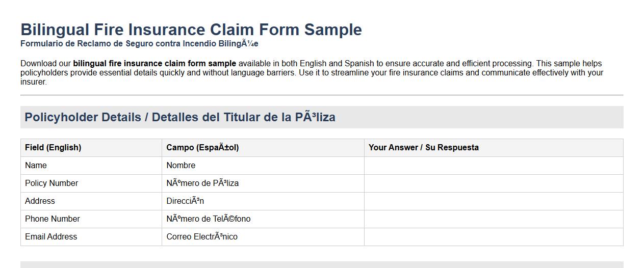 bilingual fire insurance claim form sample English Spanish image preview
