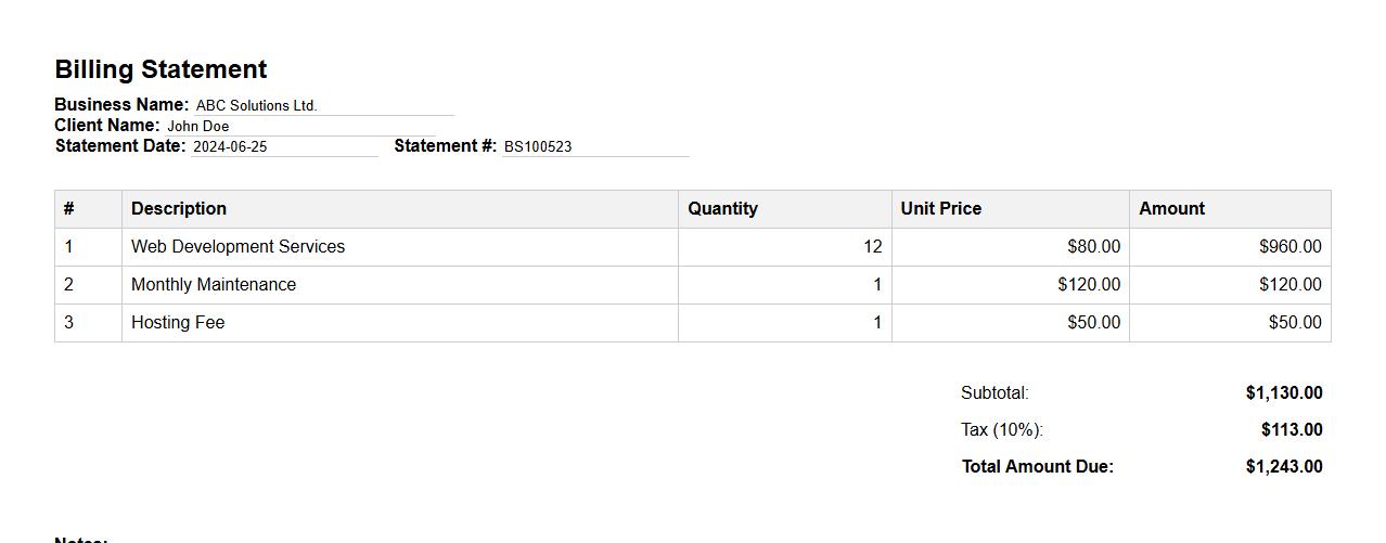 Billing statement form sample with tax calculation image preview