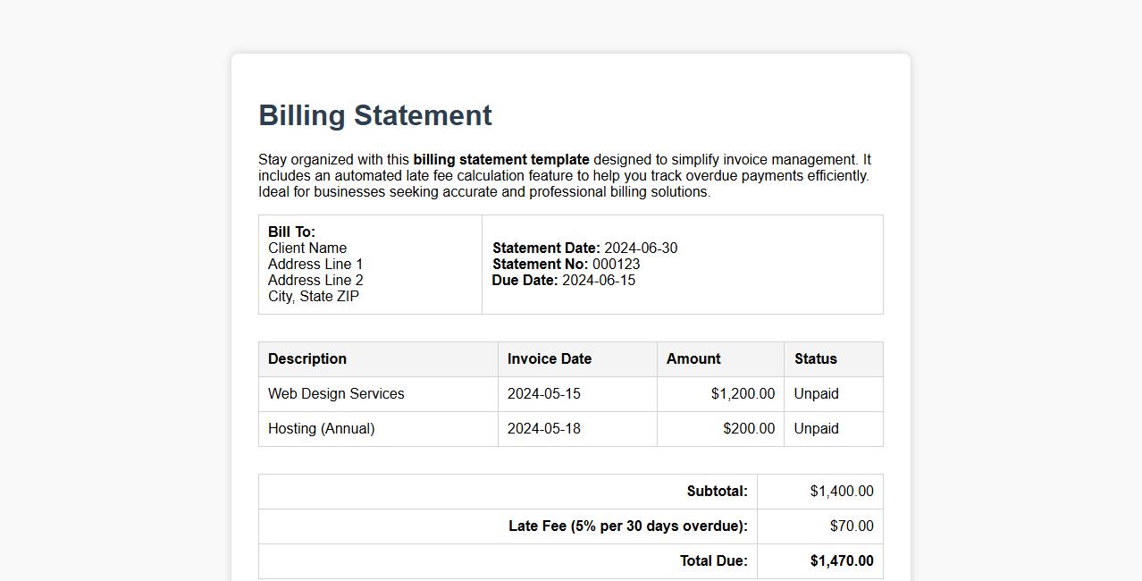 Billing statement template with late fee calculation image preview