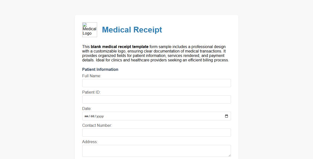 Blank medical receipt template form sample with logo image preview