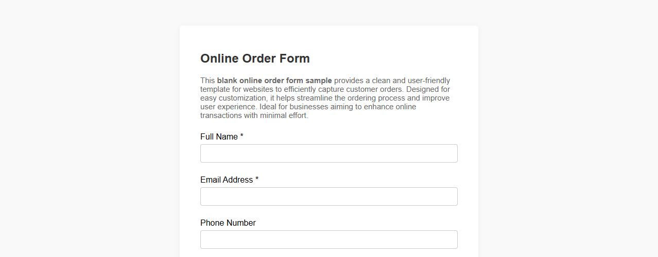 Blank online order form sample for website image preview