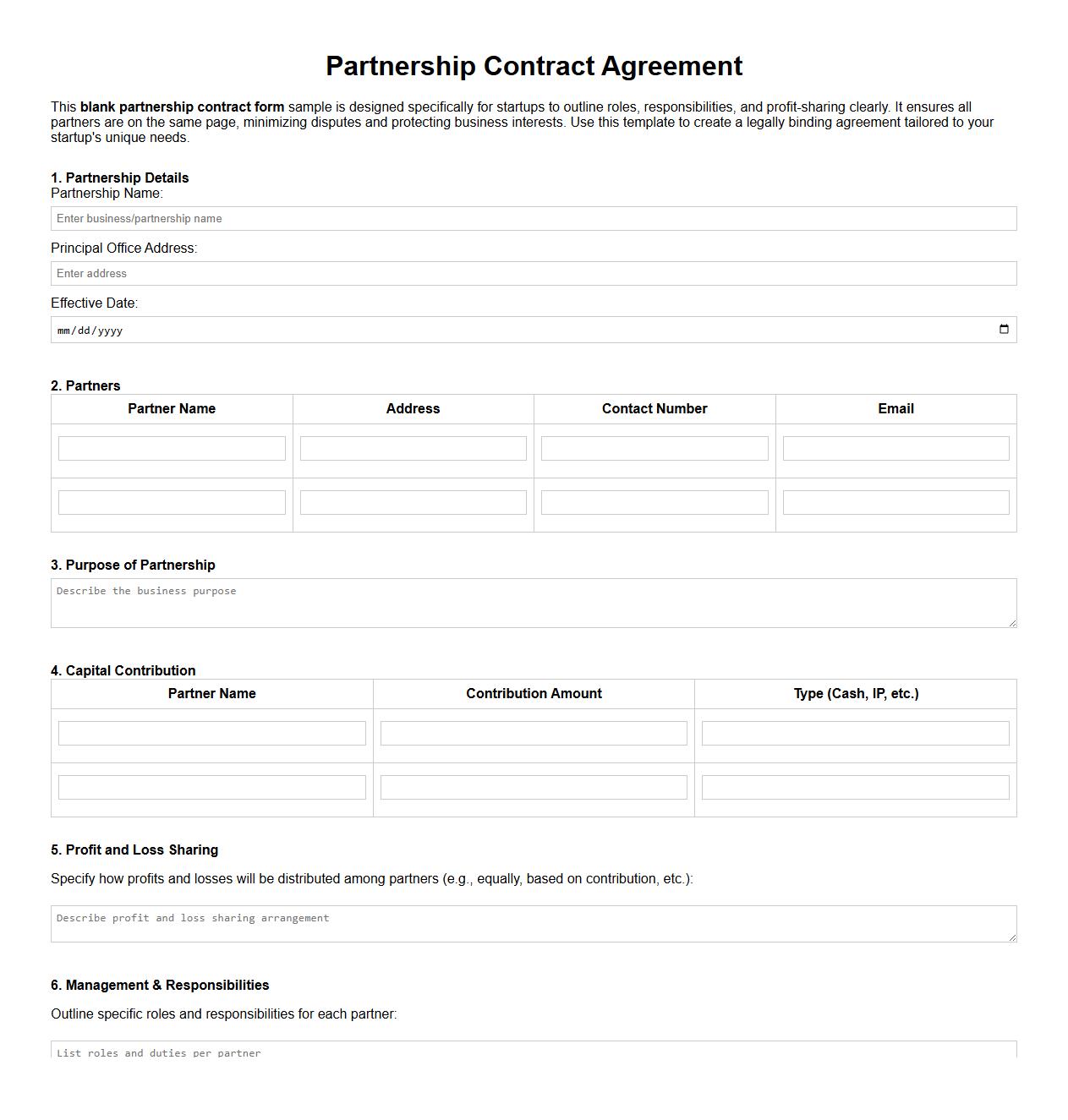 Blank partnership contract form sample for startups image preview