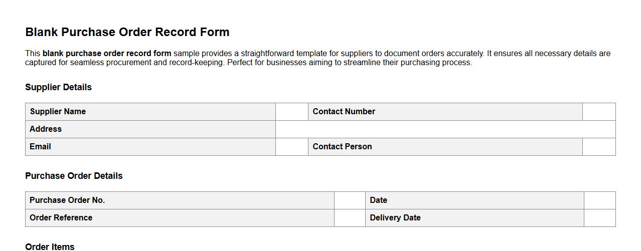 Blank purchase order record form sample for suppliers image preview