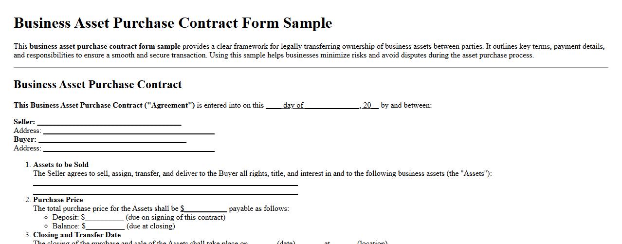 Business asset purchase contract form sample image preview