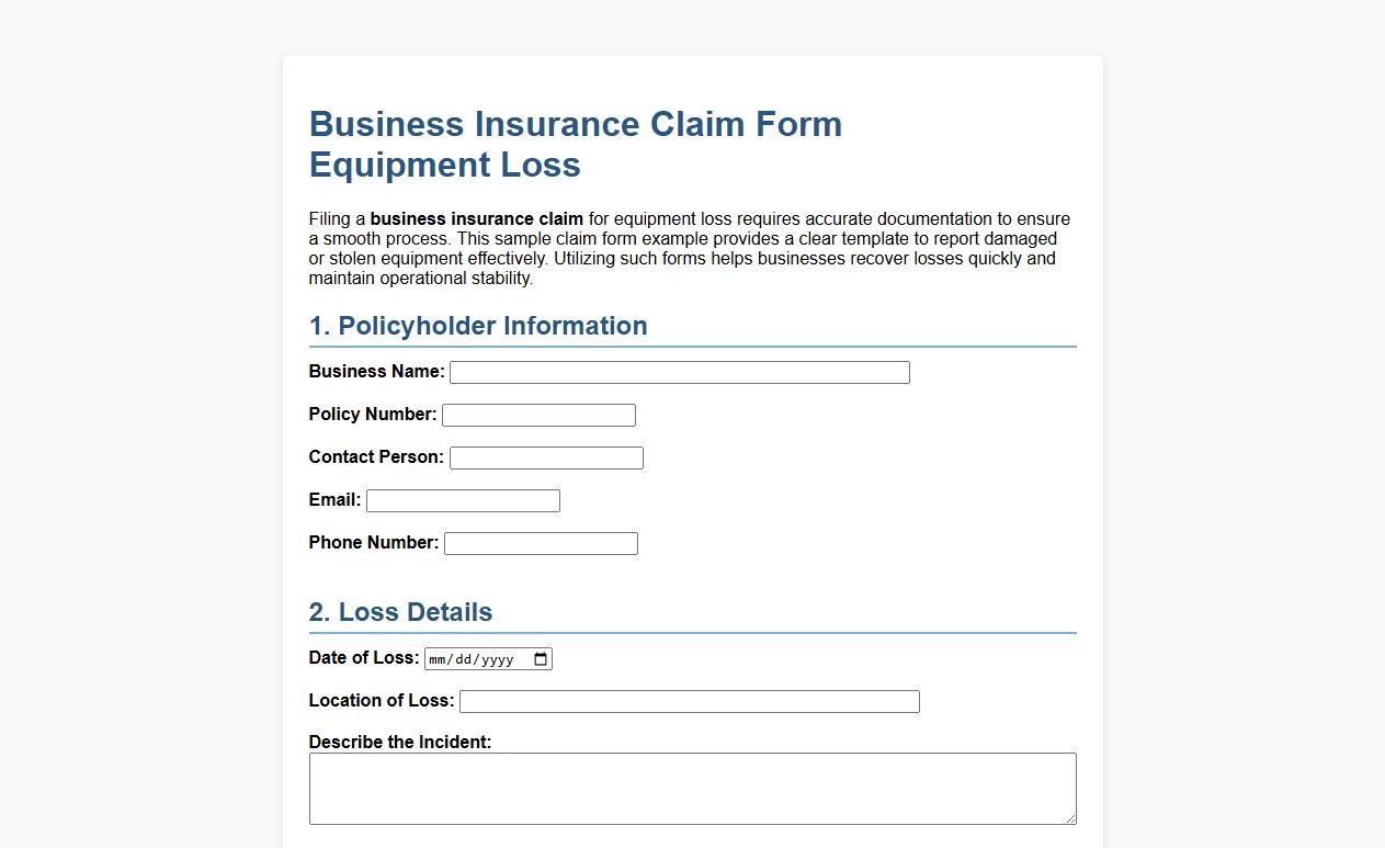 business insurance claim form sample example for equipment loss image preview