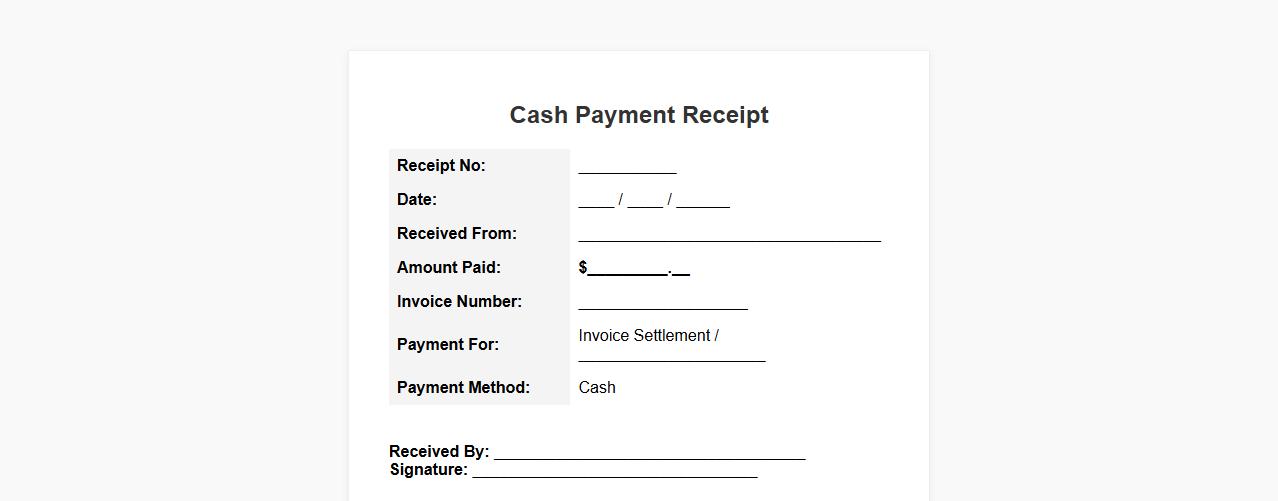 Cash payment receipt sample for invoice settlement image preview