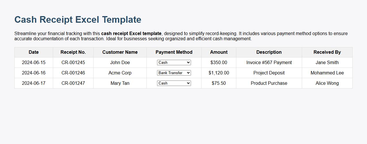 cash receipt excel template with payment method options image preview