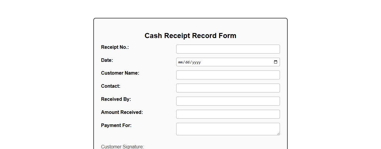 cash receipt record form sample with customer signature image preview