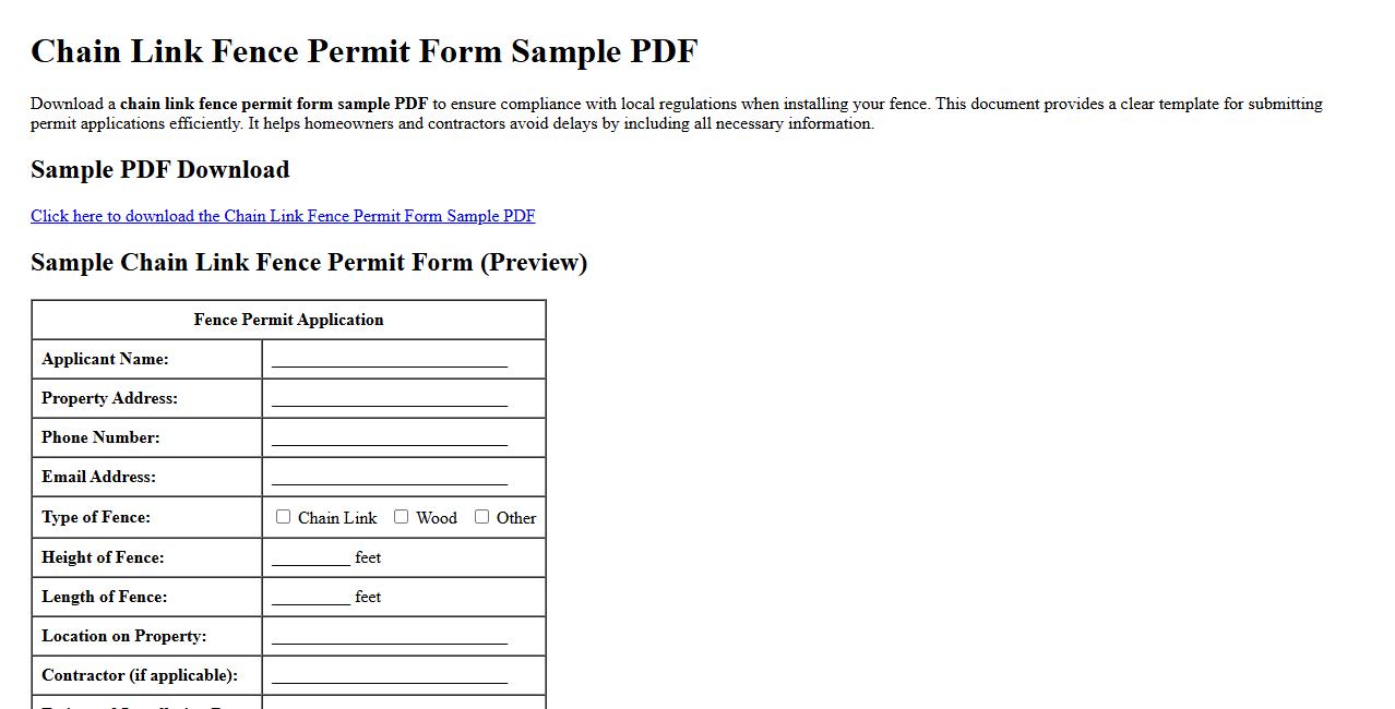 Chain link fence permit form sample PDF image preview
